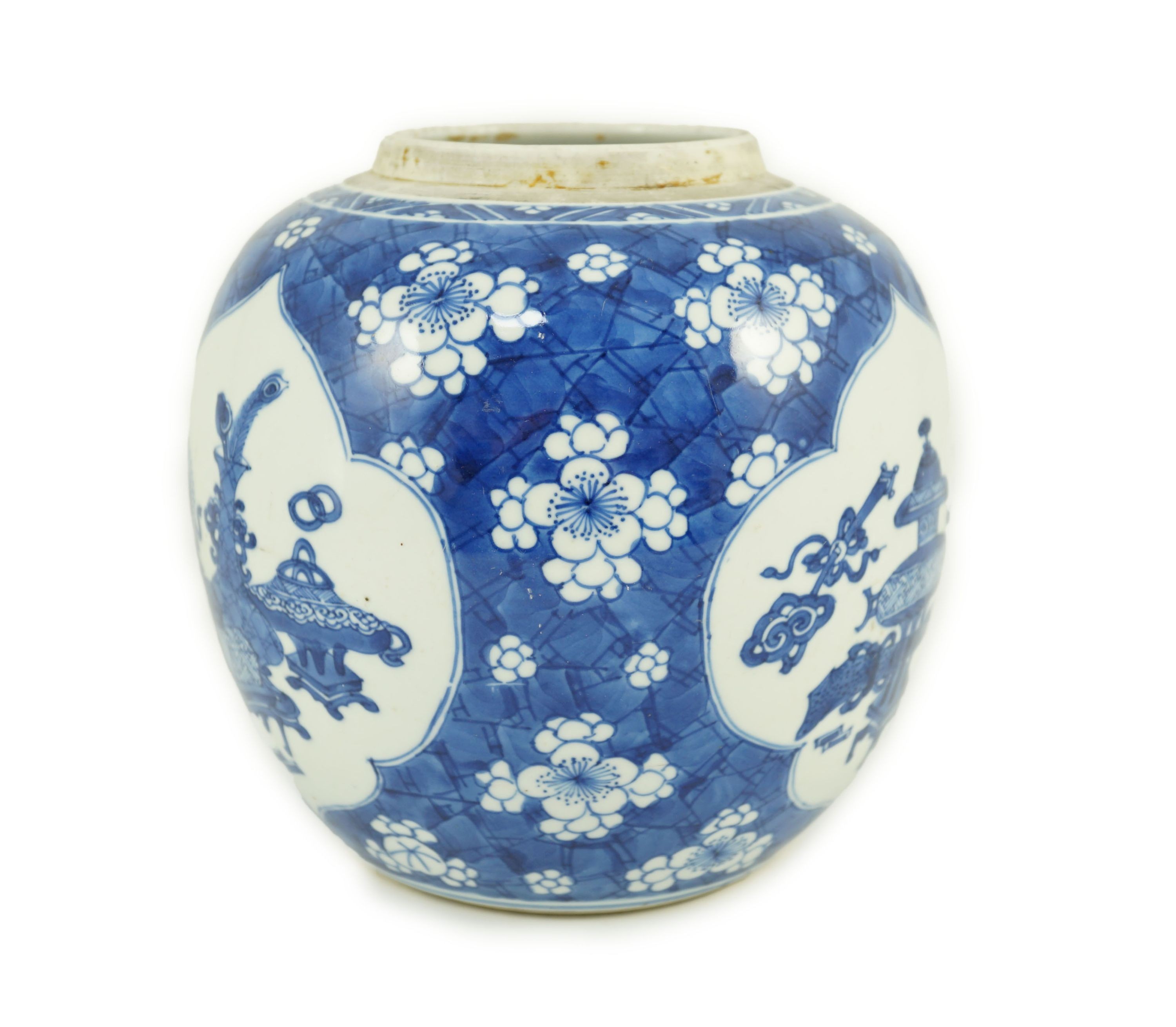 A Chinese blue and white ‘Hundred Antiques’ ovoid jar, Kangxi period, 19cm high